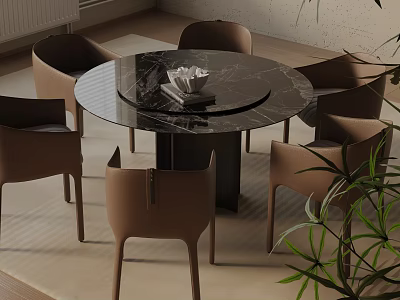 Round Black Marble Dining Table Set with Brown Chairs and Indoor Plant 3d model