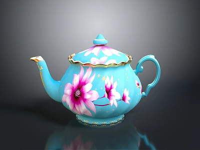 Blue Teapot With Pink Floral Patterns And Gold Accents On Lid And Handle 3d model