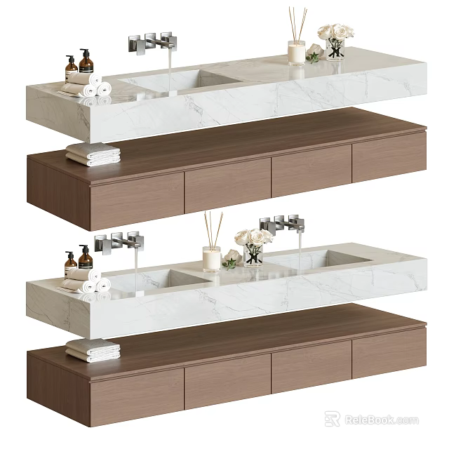 Floating Bathroom Vanity With Marble Countertop Wooden Cabinet Double Sinks Toiletries And Decorative Flowers 3d model 