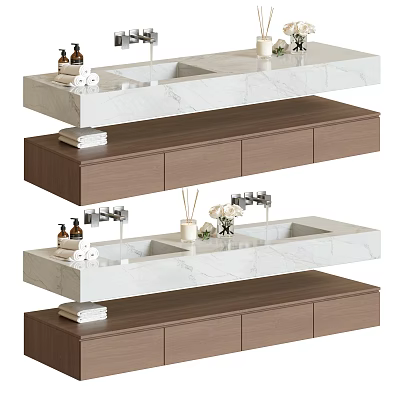 Floating Bathroom Vanity With Marble Countertop Wooden Cabinet Double Sinks Toiletries And Decorative Flowers 3d model