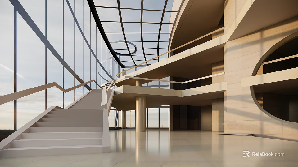 Modern Cultural Center Interior With Glass Curtain Walls Spiral Staircase And Open Layout 3d model 
