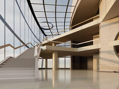 Modern Cultural Center Interior With Glass Curtain Walls Spiral Staircase And Open Layout 3d model