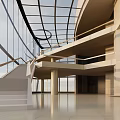 Modern Cultural Center Interior With Glass Curtain Walls Spiral Staircase And Open Layout