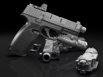 Modern Tactical Pistol With Scope Magazines And Tactical Light On Black Surface 3d model