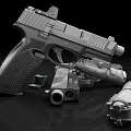 Modern Tactical Pistol With Scope Magazines And Tactical Light On Black Surface