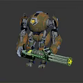 Orange Mechanical Robot Character Holding Multi Barrel Gun With Yellow Accents