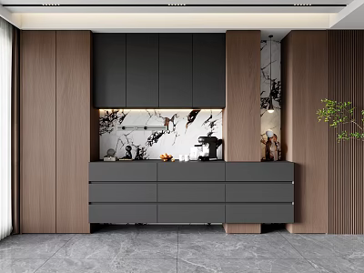 Modern Sideboard Cabinet With Marble Top Wooden Panel Wall And Decorative Design 3d model
