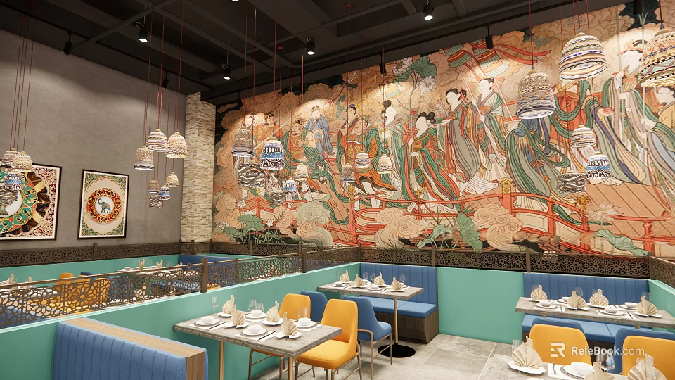 Traditional Mural Restaurant Interior With Colorful Booth Seating Neat Table Settings And Pendant Lights 3d model 