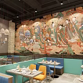 Traditional Mural Restaurant Interior With Colorful Booth Seating Neat Table Settings And Pendant Lights