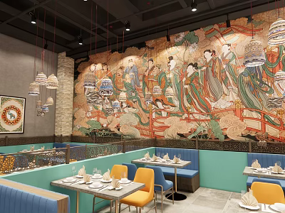 Traditional Mural Restaurant Interior With Colorful Booth Seating Neat Table Settings And Pendant Lights 3d model