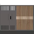 Modern Double Entrance Gate With Vertical Wooden Slats And Metal Frame