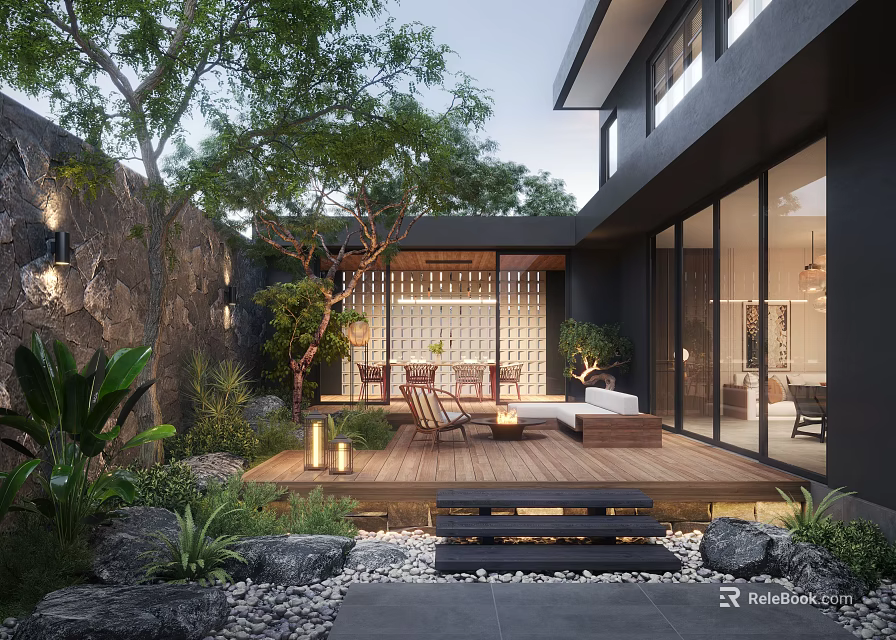 Serene Courtyard Garden With Wooden Deck Outdoor Seating Green Plants And Stone Decor 3d model 