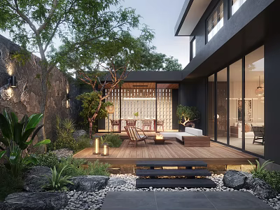 Serene Courtyard Garden With Wooden Deck Outdoor Seating Green Plants And Stone Decor 3d model
