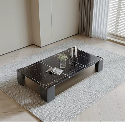 Modern Black Marble Pattern Coffee Table On Gray Rug With Vase And Magazines 3d model
