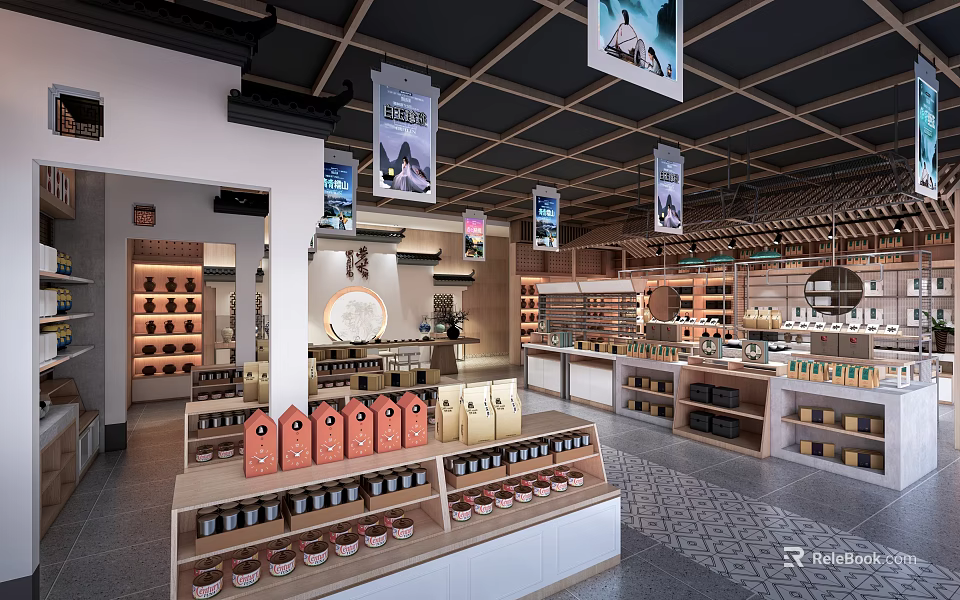 Supermarket Department Store with Hanging Banners Shelves of Snacks and Daily Necessities 3d model 