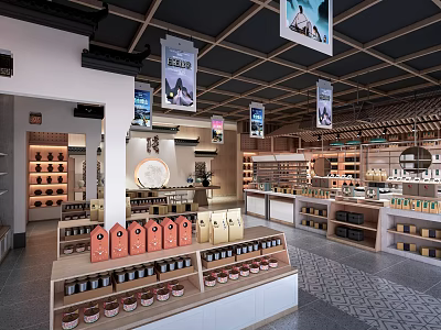 Supermarket Department Store with Hanging Banners Shelves of Snacks and Daily Necessities 3d model