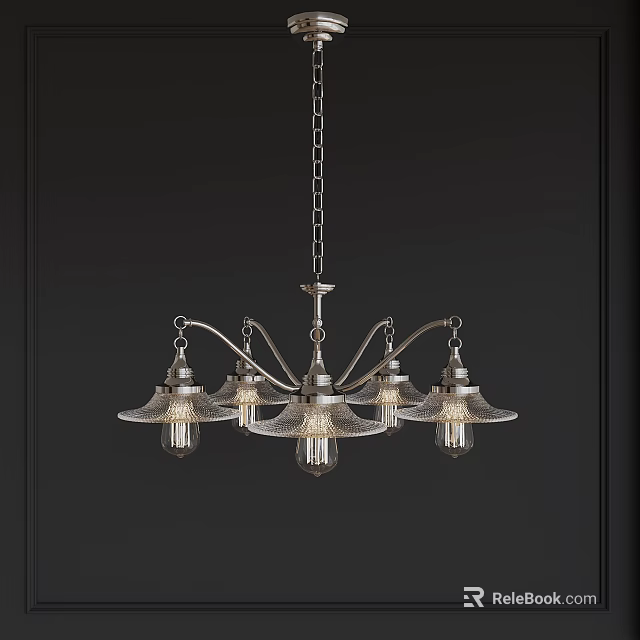 Vintage Five Light Chandelier With Metal Chain And Glass Shades On Dark Background 3d model 