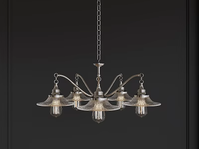 Vintage Five Light Chandelier With Metal Chain And Glass Shades On Dark Background 3d model