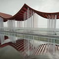 Curved Brown Roof Architectural Structure With White Columns And Water Reflection
