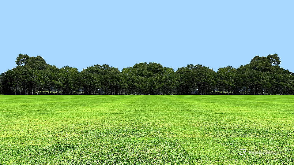 Vast Open Green Grassland With Lush Trees Under Clear Blue Sky 3d model