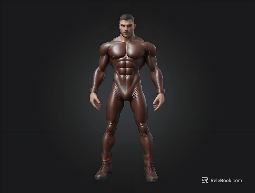 Detailed Muscular Male 3D Model in Brown Tight Suit Against Black Background 3d model 