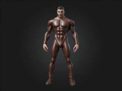Detailed Muscular Male 3D Model in Brown Tight Suit Against Black Background 3d model