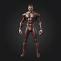 Detailed Muscular Male 3D Model in Brown Tight Suit Against Black Background