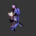 Magical Girl Character With Rabbit Ears Blue Long Hair Holding Magic Book And Crystal Staff