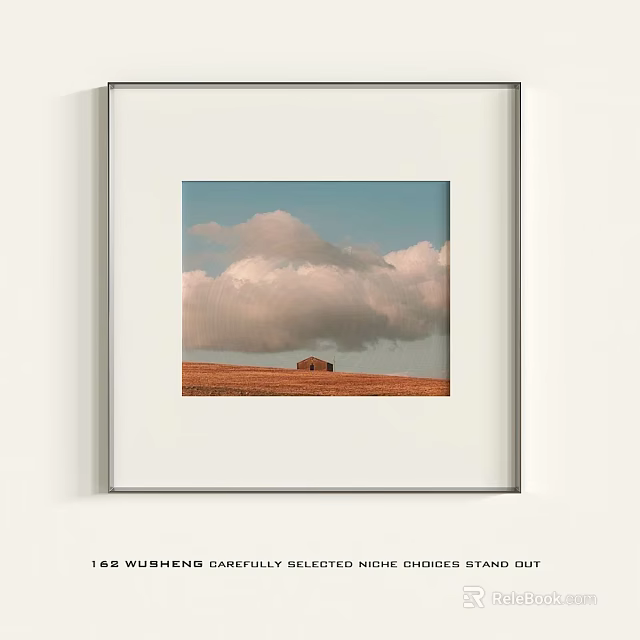 Scenic Landscape Painting With Blue Sky White Clouds And Small House On Field 3d model 