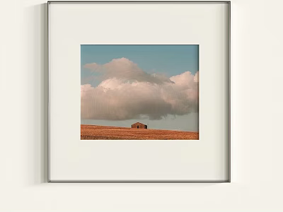 Scenic Landscape Painting With Blue Sky White Clouds And Small House On Field 3d model