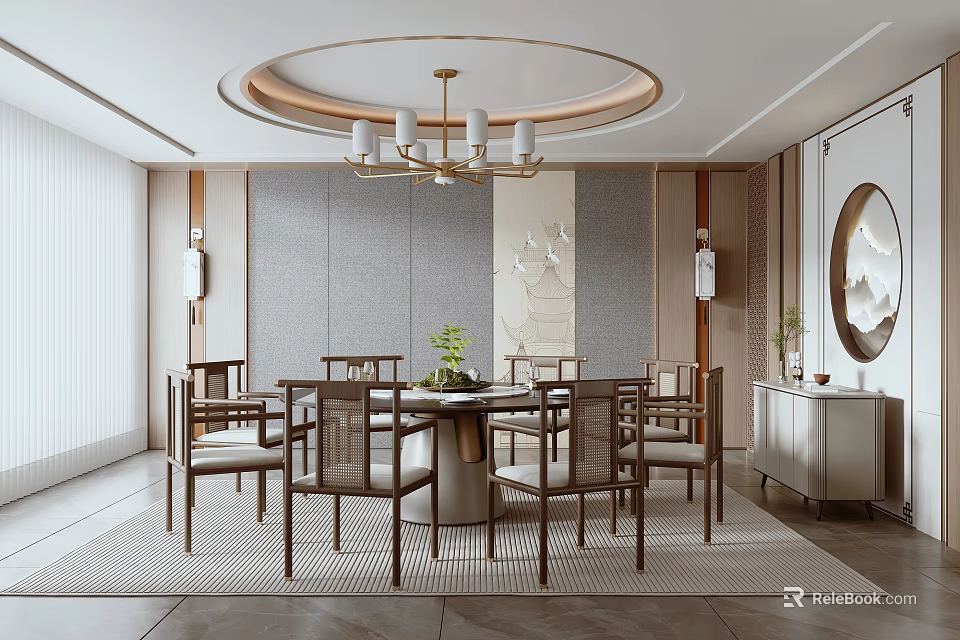 Modern Private Dining Box with Round Table Chairs Ceiling Lamp Decorative Mirror Cabinet and Wall Panel 3d model 