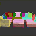 Modern L Shaped Light Gray Wicker Sofa Set With Green Pink Cushions