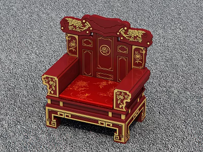 Red Chinese Classical Single Sofa With Gold Carved Ornate Backrest And Upholstered Seat 3d model