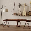 Traditional Chinese Musical Instruments Display With Wall Mounted Pipa Guzheng And Floor Lamp