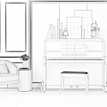 Elegant Room Interior with Black Piano Stool Sheet Music Artwork Frames and Decorative Items