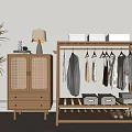 Wooden Clothes Rack With Hanging Clothes Side Cabinet Table Lamp Potted Plant And Storage Boxes