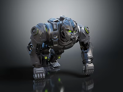 Smart Machine Mechanical Gorilla With Futuristic Metallic Structure And Green Glowing Components 3d model