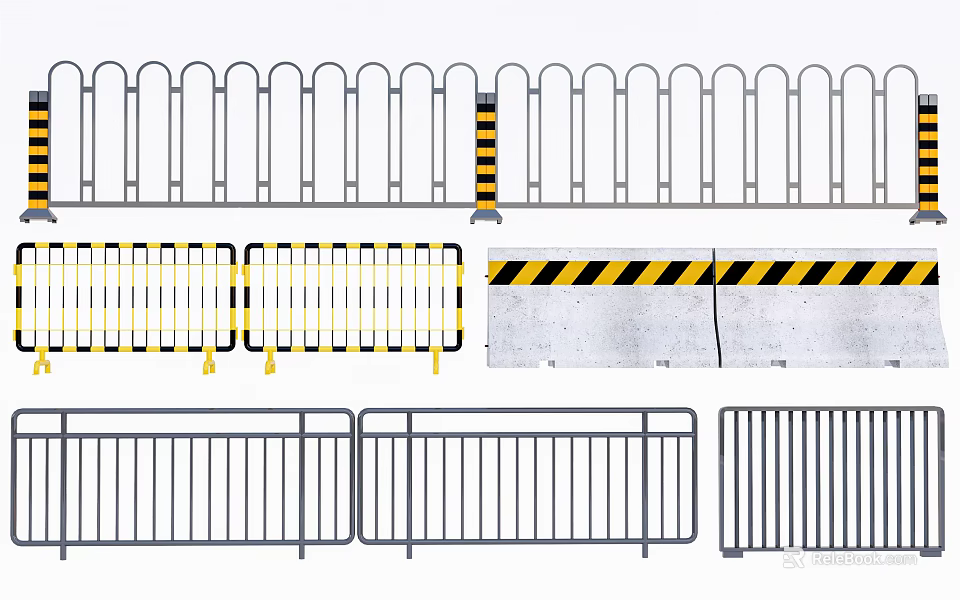 Different Types of Metal Fences Including Temporary Barriers and Warning Stripes 3d model 