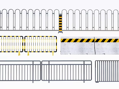 Different Types of Metal Fences Including Temporary Barriers and Warning Stripes 3d model