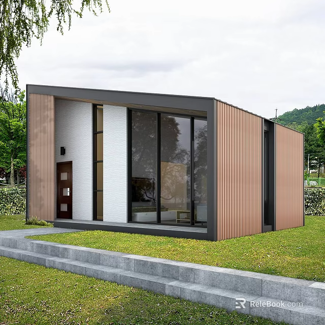 Modern Detached Villa Exterior With Large Glass Windows Wooden Panels And Green Lawn 3d model 