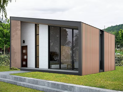Modern Detached Villa Exterior With Large Glass Windows Wooden Panels And Green Lawn 3d model