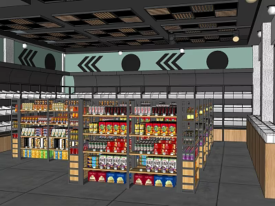 Modern Retail Store Interior With Shelves Full Of Various Products And Decorative Walls 3d model