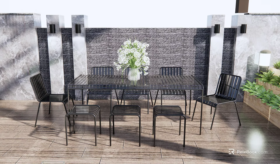 Outdoor Table Set with Black Chairs White Vase and White Flowers on Wooden Deck 3d model 