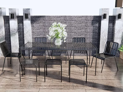 Outdoor Table Set with Black Chairs White Vase and White Flowers on Wooden Deck 3d model