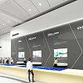 Modern Hi tech Exhibition Hall with Circular Design and Large Screens Featuring Two People