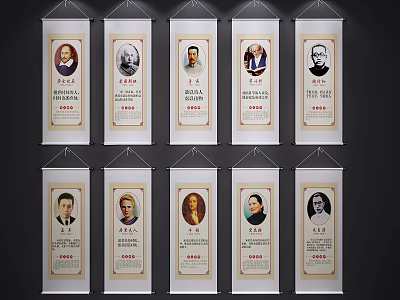 Multiple Traditional Portrait Paintings On Hanging Scrolls With Text Details 3d model
