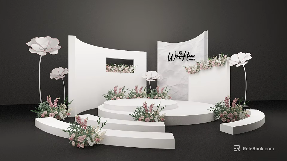 Other Event Display With White Curved Structures Wild Bloom Sign And Floral Decor 3d model 