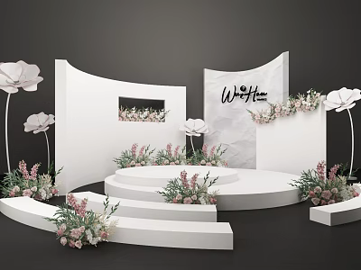 Other Event Display With White Curved Structures Wild Bloom Sign And Floral Decor 3d model