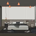 Modern Minimalist Bedroom Interior With King Bed Gray Area Rug Bookshelf Floor Lamp Bay Window