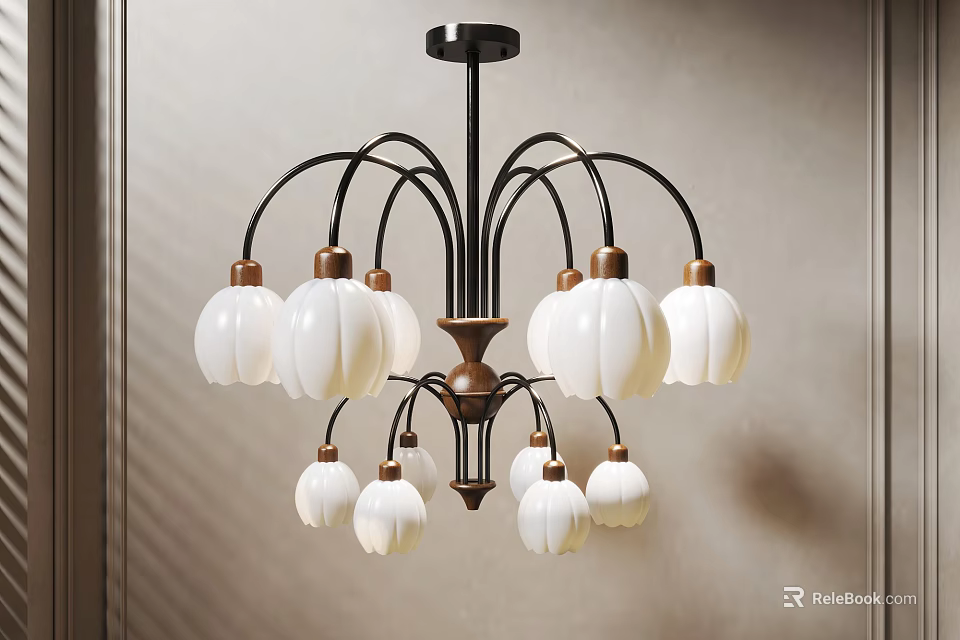 Elegant Chandelier With Multiple Flower Shaped White Lampshades And Black Bronze Metal Frame 3d model 